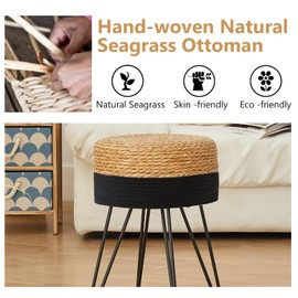 ALeesing Vanity Makeup Stool, Hand Weave Natural Seagrass Footstool Ottoman, Modern Multifunctional Vanity Stools Chair, Foot Rest Dressing Stool with Metal Leg, Black