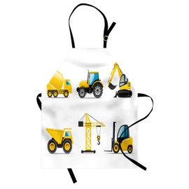 Lunarable Cartoon Apron, Style Heavy Machinery Truck Crane Digger Mixer Tractor Construction, Unisex Kitchen Bib with Adjustable Neck for Cooking Gardening, Adult Size, Yellow Grey