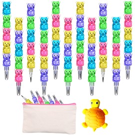 Odowalker 32pcs Stackable Pencils Plastic Bear Pencils 5 in 1 Stacking Colored Pencils with Turtle Erasers and DIY Blank Bag For Birthday Party Supplies Goodie Bag Filler School