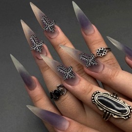 MISUD Goth Press on Nails Long Stiletto Fake Nails Matte Glue on Nails Black Ombre Acrylic Nail Supplies Almond Artificial Nail Art Gothic Cross Stick on False Nails with Design DIY 24 pcs