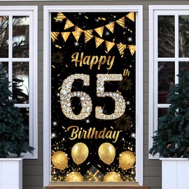 Happy Birthday Door Banner Backdrop Men and Women 65th Birthday Decorations Black Gold 65th Birthday Door Cover Background Supplies Outdoor Indoor Birthday Decoration Photo Booth Props 180×90cm