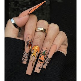 Press on Nails Extra Long - Aegenacess Square Press On Nails with Spider Stitch and Rhinestones, Nude Matte Fake Nails with Glue Sticker, Handmade 24 pcs Stick On Nails False Nail in 12 Sizes