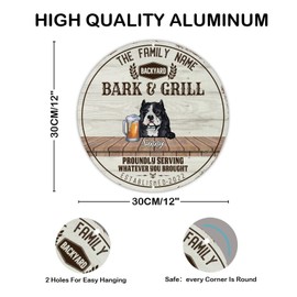 American Bulldog Beer Tin Metal Sign Customized Family Dog Name Round Wall Tin Sign Shabby Barks & Grill Plaque Poster Sign Decoration for Home Beach House Bathroom 12x12in