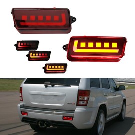 Tonsya 3 en 1 lente roja LED para 2005, 2006, 2007, 2008, 2009, 2010, Jeep Grand Cherokee Reflector, luces traseras intermitentes de freno y luces antiniebla traseras 55156102AA; 55156103AA