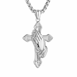 HZMAN Praying Hand Cross Necklace for Men Stainless Steel Retro Small Prayer Hands Pendant Christian Jewelry Gift (Silver)
