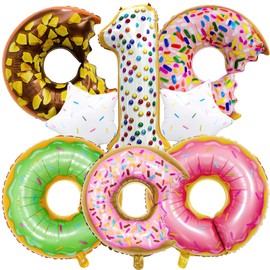 Donut Balloons Party Decorations, 8Pcs Candy Donut Birthday Number Mylar Foil Balloons for Donut 1st Birthday Candy Donut Theme Party Supplies