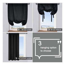 99% Blackout Thermal Insulated Adjustable Tie Up Shade Curtain with Rod Pocket Top - 42 Wide by 45 Inch Long (Black,1 Panel)