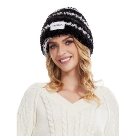 Knuffnee Women's Winter Slouchy Beanie Hat Warm Plush Winter Hat Soft Fluffy Knitted Hat, Black and white stripes