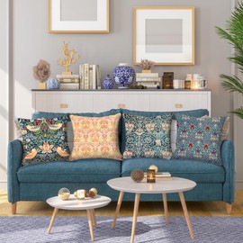 HOSTECCO William Morris Pillow Covers 45x45 cm Pack of 4 The Strawberry Thieves Golden Bough Design Art Pillow Cases Square Decorative Cushion Covers for Sofa Couch
