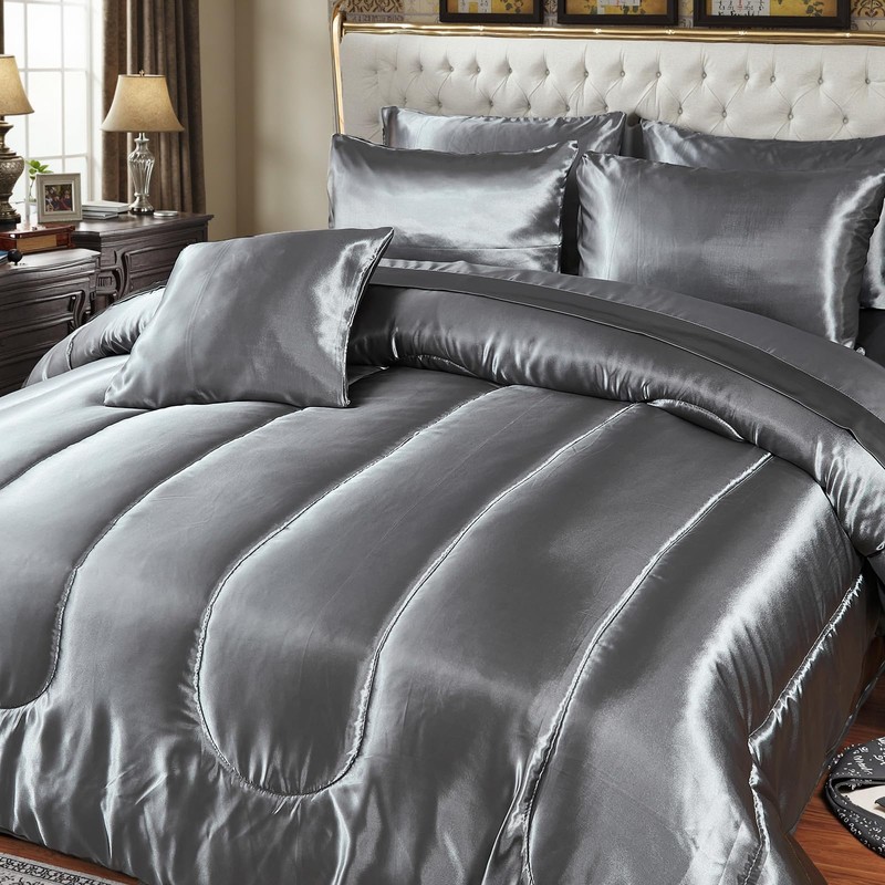 Bedding_Dreamer Silk Like Grey Comforter Set with Sheet Sets Queen
