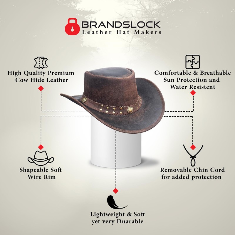 BRANDSLOCK Leather Cowboy Hat for Men Women Shapeable Wide Brim