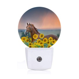 Axayaz Brown Horse LED Night Light Sunflower Field Floral Yellow Sunset Farm Animal Dusk to Dawn Round Lamp Auto Sensor for Bathroom Hallway Living Room