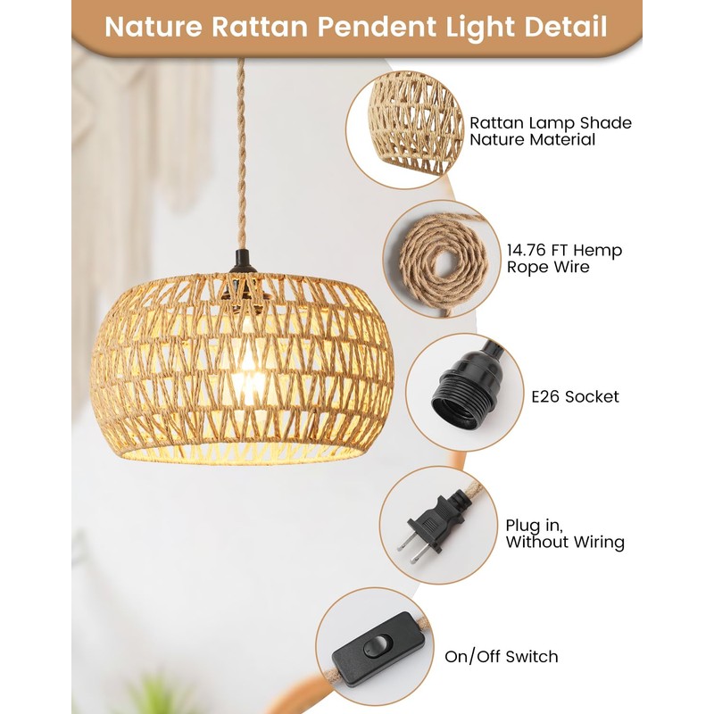 Rattan Boho Hanging Light,12.6'' Natural Hand Woven Fabric Drum Light,Plug