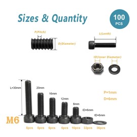 Kadrick Metric Screws Assortment - 100 Pcs M6 Hex Socket Head Cap Bolts, 8mm/12mm/16mm/20mm/30mm With Nuts and Washers - 12.9 Grade Alloy Steel, Black Zinc Plated, Anti-Rust Upgrade