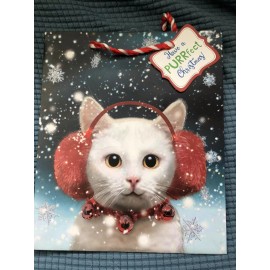 CTS Cat Wearing Earmuff’s Christmas Gift Bag With Gift Tag 18” X  12” Glitter