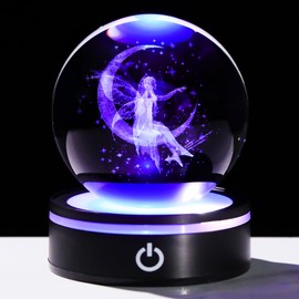 YWHL 3D Crystal Ball Moon Fairy Figurine with Colorful LED Base, Laser Fairy Gifts for Women Girls on Christmas Birthday, Fairy Statue Glass Globe Decorative Ball for Home Decor (80mm)