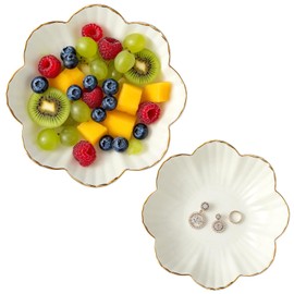 Teenyyou 2 Pcs Ceramic Decorative Dish, 6" and 8" Flower Jewelry Dish Tray Key Holder Bowl White Candy Tray with Metallic Rim, for Small Jewelry Cereal, Salad, Candy and Snacks Office Home Desk