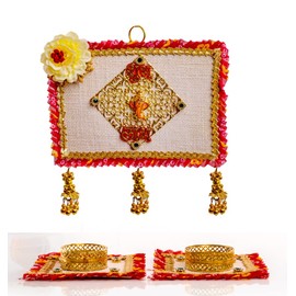 Shubh Labh Hanging with Set of 2 Tealight Holders for Wall Door Home Temple Diwali Festivals Wedding Functions Indian Traditional Décor Decoration Gifting