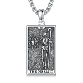 PELOVNY Skeleton Necklace 925 Sterling Silver Tarot Pendant The Hermit Tarot Card Necklace Skeleton Jewelry Christmas Birthday Gifts for Women Men Unisex