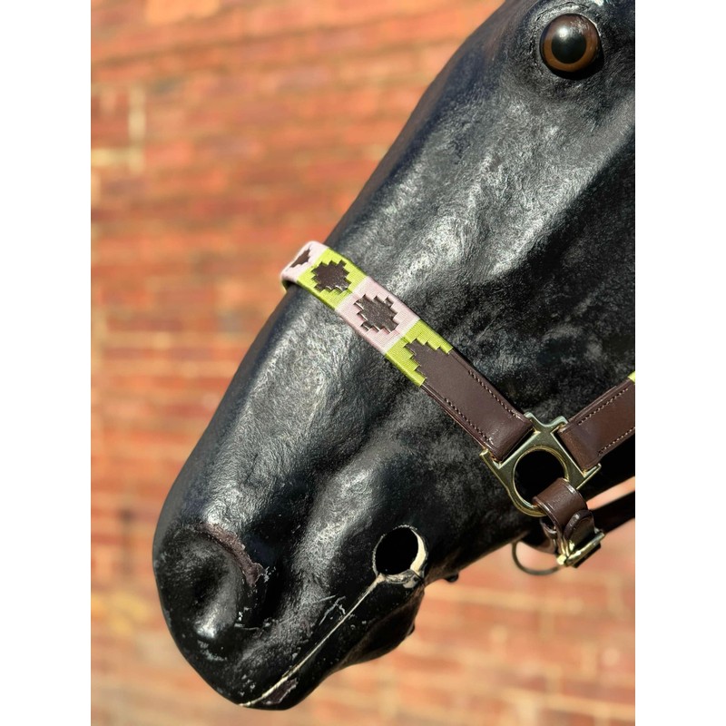 Argentina Polo Leather Horse Headcollar Halter, Embroidered, Rose Pink /Green