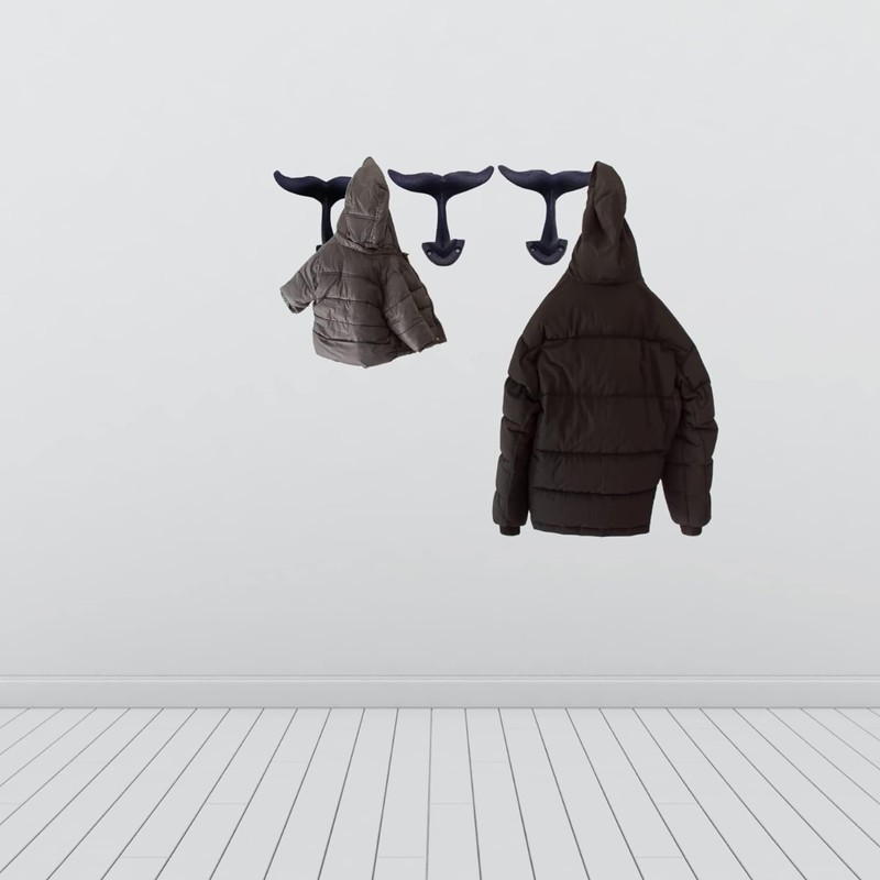 Rustic Dark Blue Cast Iron Whale Tail Wall Hooks, 4