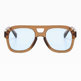 Long Keeper Retro Pilot Sunglasses Double Bridge Women Men Aviation Square Sun Glasses Thick Frame 70s Vintage Shades UV400 (Clear Brown Frame/Blue Lens)