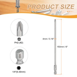 sourcing map #2 Phillips Screwdriver Bit PH2 1/4" Hex Shank 6" (150mm) Long 0.16" Rod Magnetic Cross Head Drill Bits S2 Steel Industrial Screw Driver for Power Screwdrivers Drills, Silver