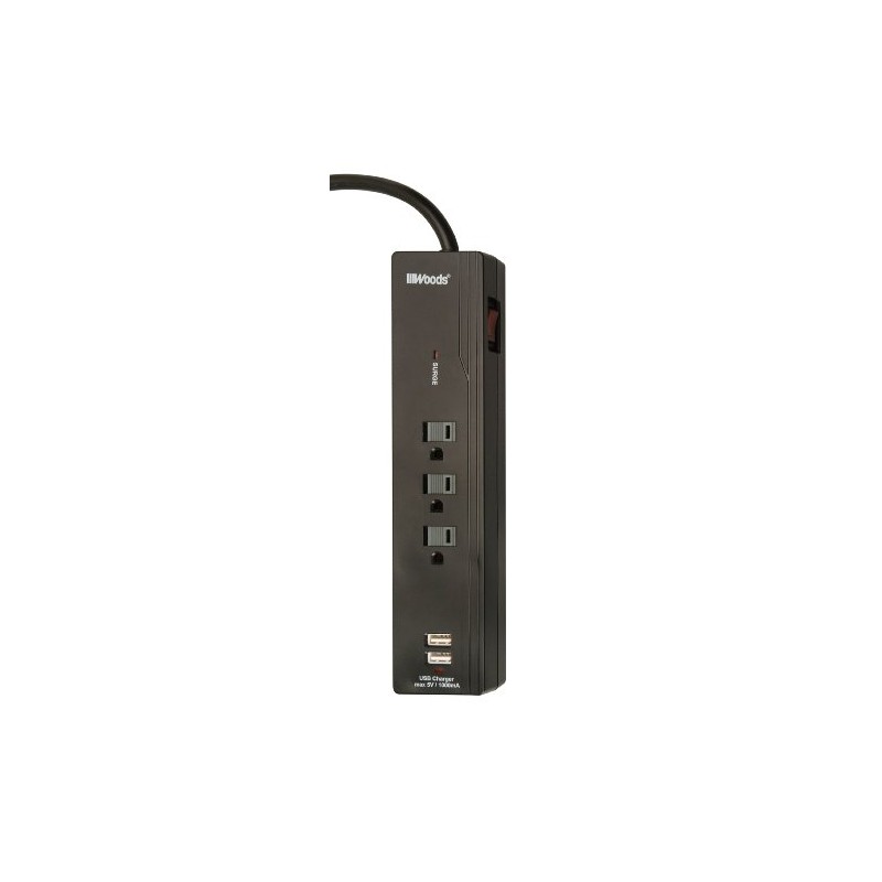 Woods 41250 3-Outlet USB Charger Combo Surge Protector (Black)