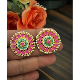Gold Plated Indian Wedding Bollywood Enamel Pearl Stud Jhumki Earring Women Jewelry (PINK)