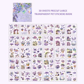 Dwpetzo 30 Sheets Precut Flowers Stickers Journal Sticker Book for Junk Journal Supplies, Large Transparent PET Stickers for Journaling, Scrapbooking, Bujo, Collage, Card Making (Purple Flowers)