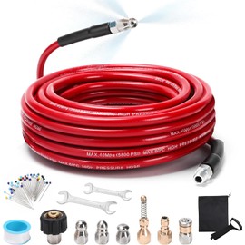 Sewer Jetter Kit for Pressure Washer, 50FT 5800 PSI Drain Cleaner Hose with 1/4" NPT Corner, Rotating and Button Hose Sewer Jetting Nozzle, Waterproof Tape, Pearl Corsage Pin, Spanner, Glove