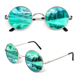CGID E01 Polarized Sunglasses with Case for Women Men Circle Round Retro Vintage Sun Glasses Circular Shades Sliver Metal Rimmed Green Mirror Lens, 48mm, Gift Package