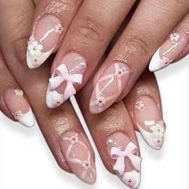 24 Pack Short French Tip White Almond Fake Nails 3D Daisy Flowers Bow Pearls Charms Press On Light Pink Full Cover Glue On Acrylic Artificial Nails For Women Girls