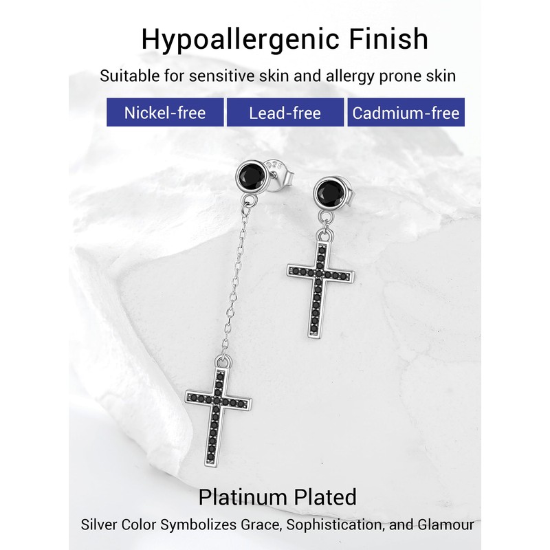 PROSILVER Asymmetric 925 Silver Cross Stud Earrings with Cubic Zirconia,