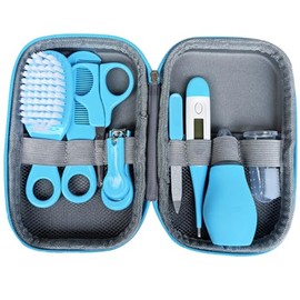 Baby Grooming Kit 8Pcs, Baby Healthcare Grooming Set Safe Nail Kit Hair Thermometer Newborn Nursery Essentials with Storage Case(Blue)