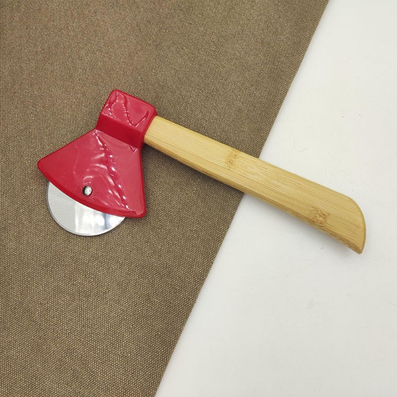 Axe Pizza Cutter with Bamboo Handle and Sharp Rotating Blade