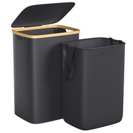 Foluck Large Laundry Hamper, 75L Waterproof Laundry Basket with Lid and Removable Bag, Collapsible Tall Clothes Hamper with Bamboo Handles for Clothes Toys in Dorm Bedroom Bathroom, Black