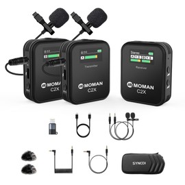 Moman Wireless Lavalier Microphone C2X, 2.4G Dual Transmitter Lapel Mic 656FT 8H for Online Class Vlog Stream YouTube for Camera Smartphone Tablet (C2X Dual)