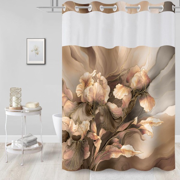 No Hook Floral Shower Curtain with Snap in Fabric Liner
