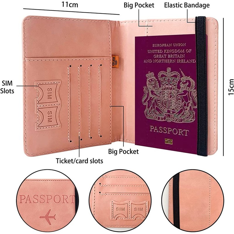 LELYFIT Passport Book Holder Cover Case with Elastic Strap,PU Leather