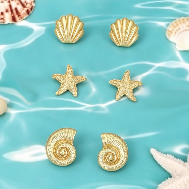 3Pcs 14K Gold Plated Ocean Stud Earrings Set - Seashell,