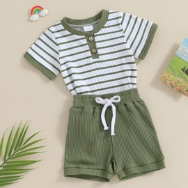 Vioyavo Newborn Baby Boys Girls Summer Outfit Stripe Pattern Short Sleeve Romper+Solid Color Elastic Waist Shorts 2Pcs Clothes Set (Army Green, 0-3 Months)