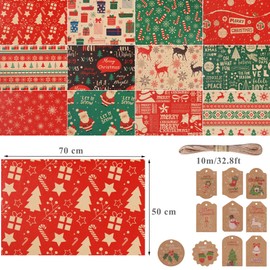 70 * 50cm Christmas Gift Wrapping Paper, 12 Sheets Xmas Wrapping Paper Recyclable Kraft Wapping Paper with 10pcs Gift Tags and 10m Twine for Christmas Gift and Craft Wrapping