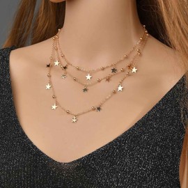Iaceble Bohemia Tiny Star Dangle Necklace Layered Star Choker Necklace Gold Star Chain Necklace Multiple Star Tassel Necklace Jewelry for Women
