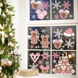 9Sheets Pink Christmas Window Clings Gingerbread Christmas Decorations Ginger Bread Man Mouse Castle Snowflake Xmas Decor Merry Christmas Decals for Office Home Winter New Year Hotel Decorations