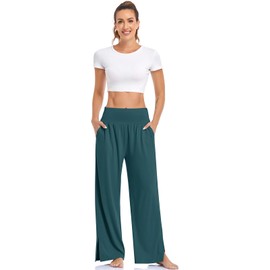 UEU Womens Wide Leg Yoga Pants High Waisted Adjustable Joggers Casual Loose Fit Lounge Pjs Sweatpants with Pockets- 28" Inseam (Malachite Green, S)