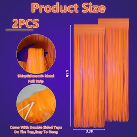 Colorful Fluorescent Foil Fringe Curtain, 3.3 X 6.6 Ft Glow in The Dark Party Supplies Party Decor Steamers for Neon Theme Birthday Decorations Photo Backdrop (2, Orange)