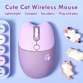 Cute Cat 2.4G USB Wireless Mouse for Women and Children, Stylish, Colorful, Silent, Compatible with PCs and Laptops (Purple Cat)