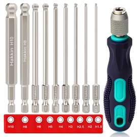 Hakkin 10 Piece Ball Head Hex Screwdriver 100 mm Hex Hex Socket Set with Handle 1/4 Inch S2 Magnetic Screwdriver Ball End Hex Bit Set 1.5/2/2.5/3/4/5/6/8/10 mm for Cordless Screwdrivers