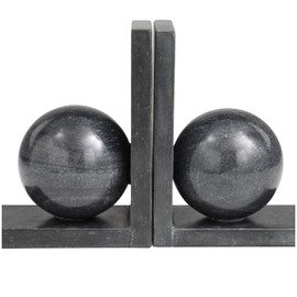 Deco 79 Marble Geometric Sleek Orb Bookends with L- Shaped Bases, Set of 2 6" W, 7" H, Black